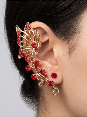 Butterfly Ear Cuff | Red Crystal Gold Vine Climber Earrings
